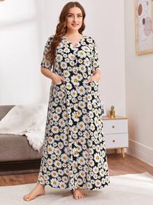 SHEIN Unity Plus Floral Allover Print Button Front Pocket Detail Nightdress - Multicolor - View 1