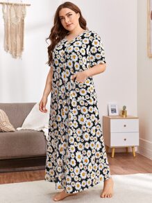 SHEIN Unity Plus Floral Allover Print Button Front Pocket Detail Nightdress - Multicolor - View 3