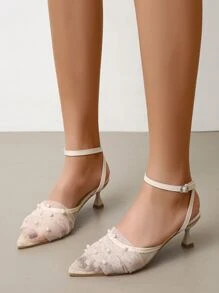 Faux Pearl Decor Point Toe Pyramid Heeled Ankle Strap Pumps - Beige - View 4