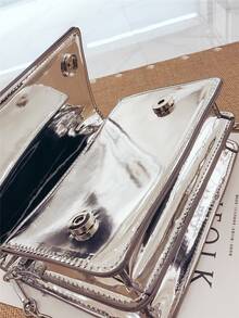 Mini Artificial Patent Leather Metallic Letter Graphic Square Bag - Silver - View 4