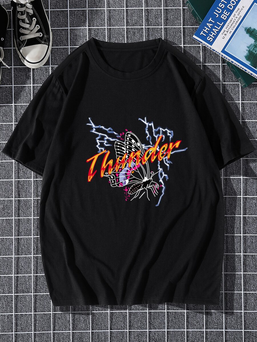 Manfinity Men Letter & Butterfly Print Tee - Black - View 1