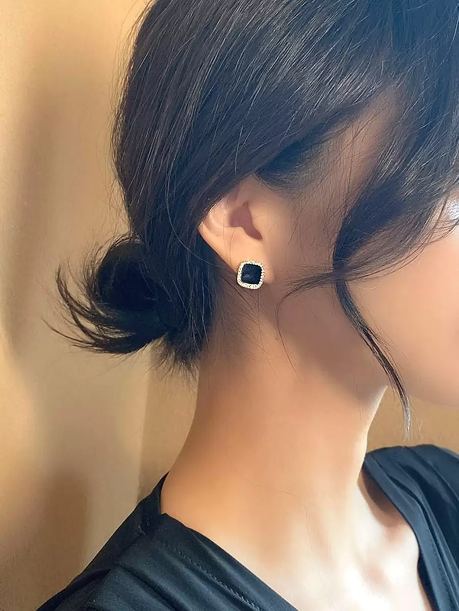 Hoa tai Stud Rhinestone Geo Decor - màu đen - Xem 1