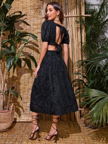 SHEIN VCAY Puff Sleeve Tie Backless Applique Jacquard Dress - Black - View 2