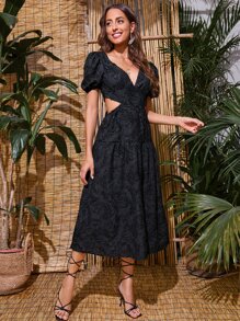 SHEIN VCAY Puff Sleeve Tie Backless Applique Jacquard Dress - Black - View 3