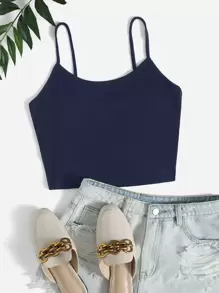 SHEIN EZwear Plus Rib-knit Crop Cami Top - Navy Blue - View 1