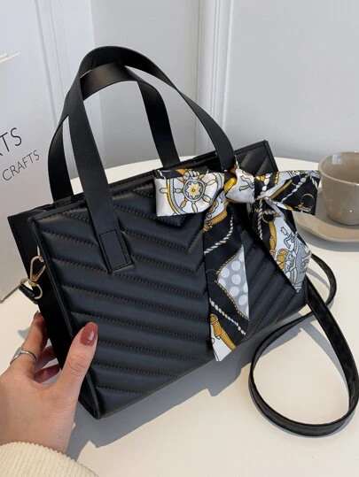 Skinny Scarf Decor Chevron Square Bag For Teen Girls Women College Students,Rookies & White-Collar Workers Perfect For Office,Work ,Business,Commute Best Work Bag For Women