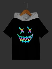 SHEIN Boys Colour Block Reflective Cartoon Face Graphic Hooded Tee - Black - View 1
