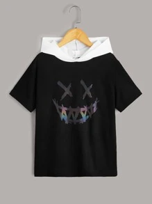 SHEIN Boys Colour Block Reflective Cartoon Face Graphic Hooded Tee - Black - View 3