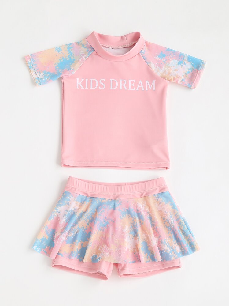 年輕女孩2入組字母印花撞色短袖夏令套裝 - 彩色 - 查看 5