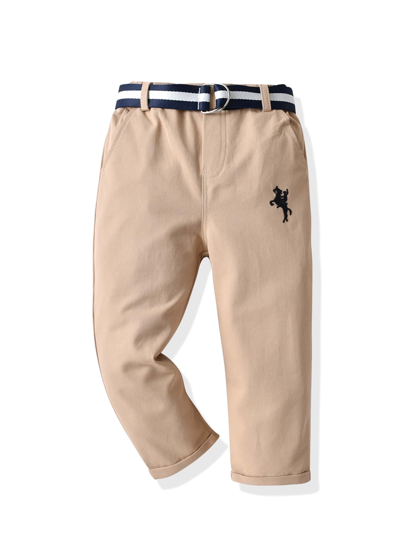 SHEIN 男小童馬和人物刺繡腰帶長褲