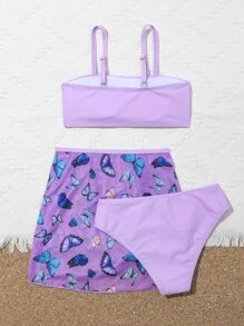 Tween Girl 3 件装随机蝴蝶抽绳比基尼套装夏季海滩