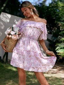 Simplee Allover Print Flounce Hem Bardot Dress - Multicolor - View 5