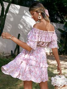 Simplee Allover Print Flounce Hem Bardot Dress - Multicolor - View 2