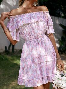 Simplee Allover Print Flounce Hem Bardot Dress - Multicolor - View 3