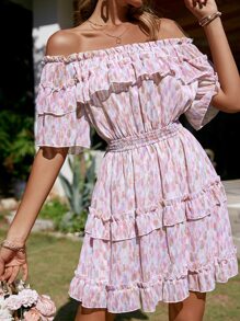 Simplee Allover Print Flounce Hem Bardot Dress - Multicolor - View 1