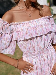 Simplee Allover Print Flounce Hem Bardot Dress - Multicolor - View 6