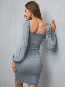 Modelyn Sweetheart Neck Twist Front Lantern Sleeve Shirred Bodycon Dress