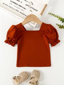 Toddler Girls Square Neck Puff Sleeve Blouse - Burnt Orange - View 2