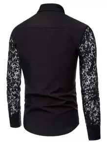 Manfinity Homme Men Contrast Lace Sleeve Single Breasted Shirt - Black - View 2