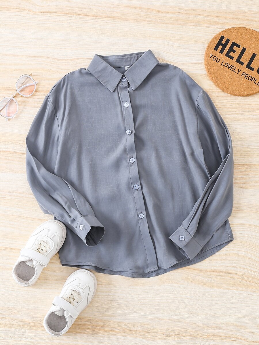 女孩素色落肩袖襯衫 - 灰色 - 查看 1