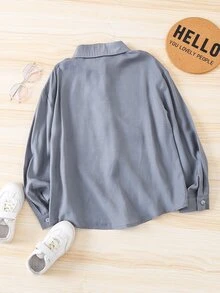 女孩素色落肩袖襯衫 - 灰色 - 查看 2