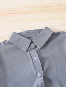 女孩素色落肩袖襯衫 - 灰色 - 查看 3