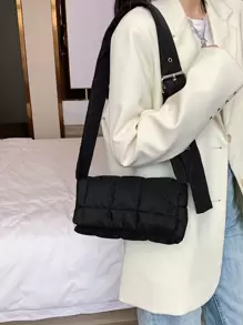 防水、輕盈、商務休閒絎縫圖案翻蓋方形包適合青少年女大學生、菜鳥和白領，非常適合辦公室、大學、工作、商務、通勤 - 黑色 - 查看 2