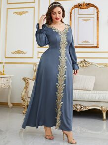 Al Najma 大碼凸花蕾絲貼花荷葉袖下擺開叉連衣裙 - 霧霾藍 - 查看 5