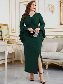 Modelyn مقاس كبير فستان اكمام على شكل بوق ثنية بحافة شق