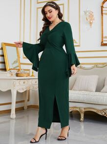 Modelyn مقاس كبير فستان اكمام على شكل بوق ثنية بحافة شق