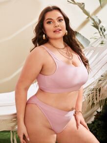 Plus Size Bộ bikini lưng cao trơn đi biển mùa hè - Màu Hồng baby - Xem 4
