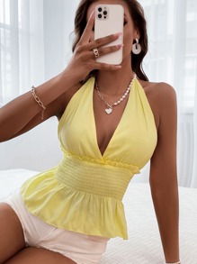 SHEIN Unity Backless Knotted Shirred Peplum Top - Yellow - View 1