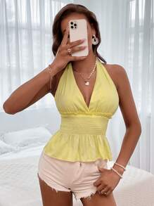 SHEIN Unity Backless Knotted Shirred Peplum Top - Yellow - View 4