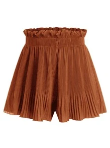 SHEIN EZwear Ruffle Waist Pleated Shorts - Brown - View 1