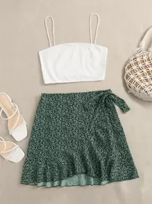 Soleia Rib-knit Cami Top and Tie Front Allover Plants Skirt Set - Multicolor - View 1