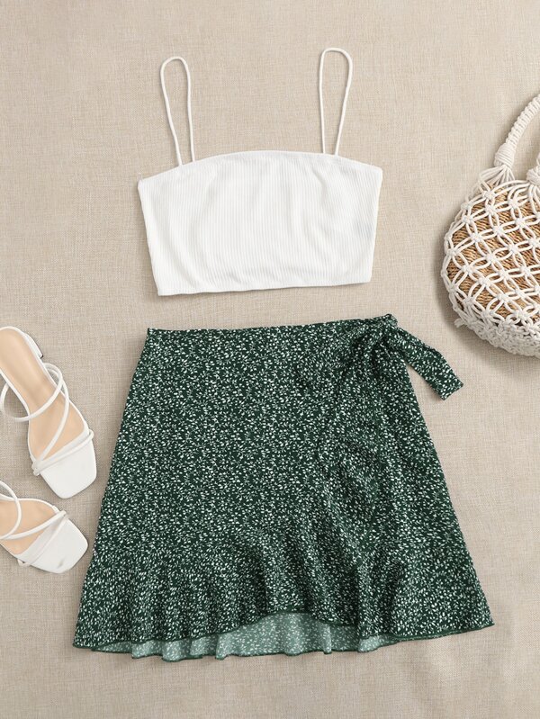 Soleia 羅紋針織吊帶上衣和前繫帶滿版植物半身裙套裝