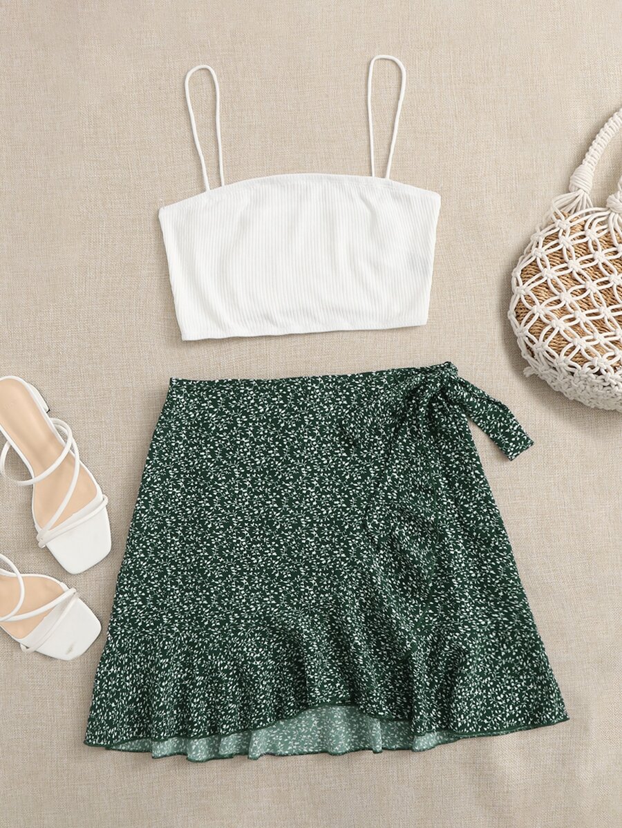 Soleia Rib-knit Cami Top and Tie Front Allover Plants Skirt Set - Multicolor - View 1