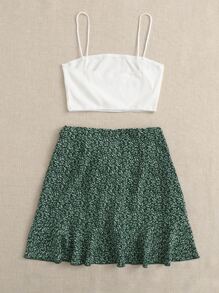 Soleia Rib-knit Cami Top and Tie Front Allover Plants Skirt Set - Multicolor - View 2