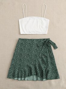 Soleia Rib-knit Cami Top and Tie Front Allover Plants Skirt Set - Multicolor - View 3