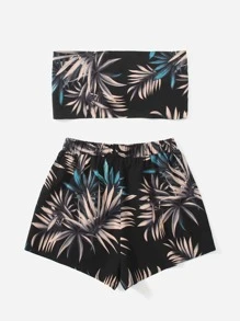 SHEIN VCAY Summer Beach Tropical Print Tie Front Two Piece Outfits Tube Top & Shorts Set - Multicolor - View 2