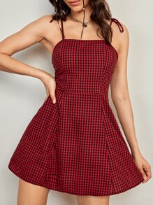 SHEIN Privé 後拉鏈結飾肩格紋吊带連衣裙 - 彩色 - 查看 1