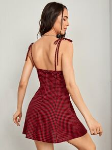 SHEIN Privé 後拉鏈結飾肩格紋吊带連衣裙 - 彩色 - 查看 2