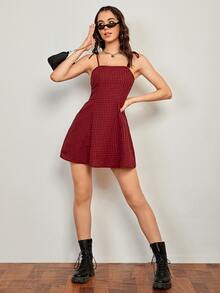 SHEIN Privé 後拉鏈結飾肩格紋吊带連衣裙 - 彩色 - 查看 3