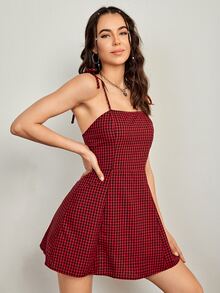 SHEIN Privé 後拉鏈結飾肩格紋吊带連衣裙 - 彩色 - 查看 4