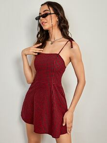 SHEIN Privé 後拉鏈結飾肩格紋吊带連衣裙 - 彩色 - 查看 5