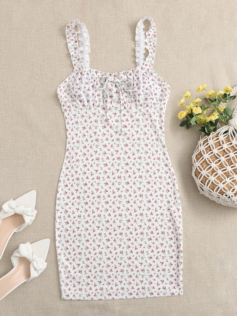 SHEIN Frilled Strap Tie Front Ruched Bust Ditsy Floral Dress - Multicolor - View 1