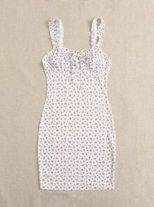 SHEIN Frilled Strap Tie Front Ruched Bust Ditsy Floral Dress - Multicolor - View 3