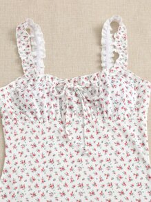 SHEIN Frilled Strap Tie Front Ruched Bust Ditsy Floral Dress - Multicolor - View 4