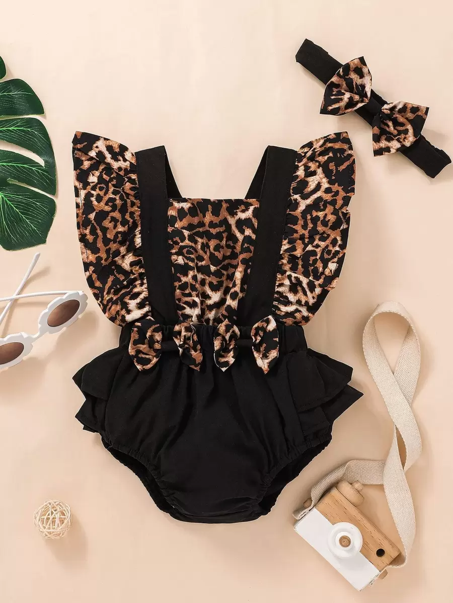 Baby Girl Leopard Ruffle Trim Bow Front 2 In 1 Bodysuit With Headband - Multicolor - View 1