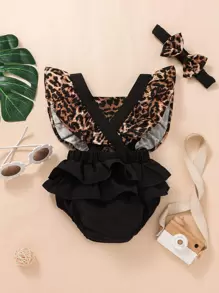 Baby Girl Leopard Ruffle Trim Bow Front 2 In 1 Bodysuit With Headband - Multicolor - View 2